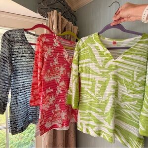 3 Before + Again Ruffled Texture Colorful 3/4 Sleeve Blouses